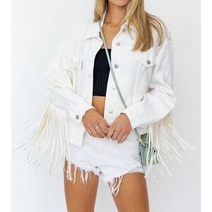 Le Lis white denim with faux leather fringe jacket